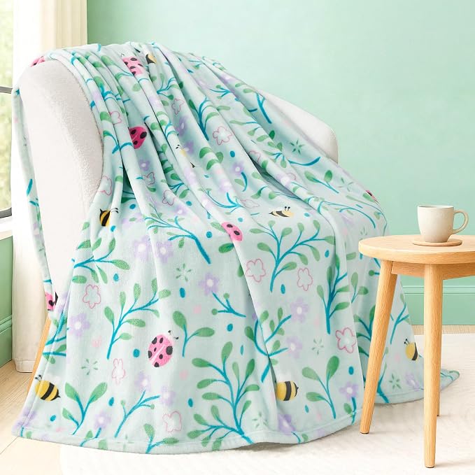 Oversized Plush Throw Blanket 60" x 70", Bees and Lady Bugs