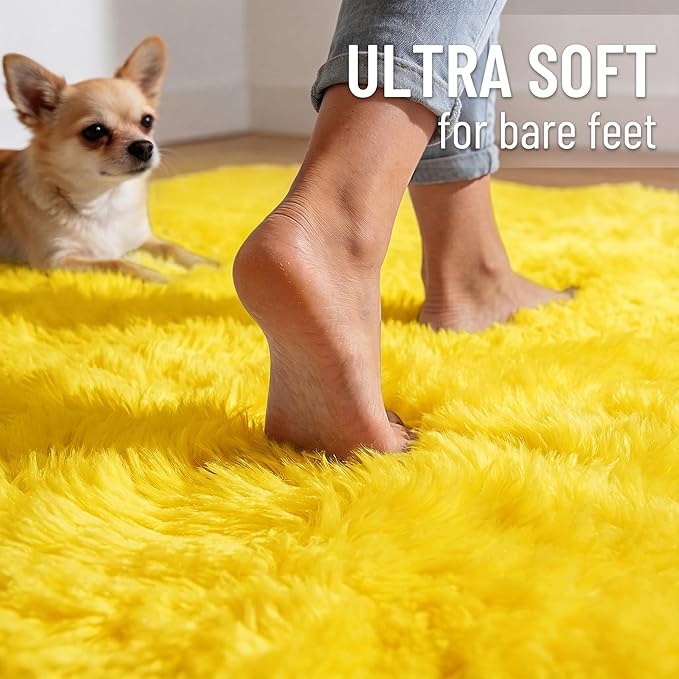 OLANLY Area Rugs for Living Room Bedroom, Machine Washable 4x5.9 ft Soft Fluffy Shaggy Bedside Rug, Indoor Floor Carpet for Kids Girls and Boys, Dorms, Nursery Rooms, Home Decor Aesthetic, Yellow
