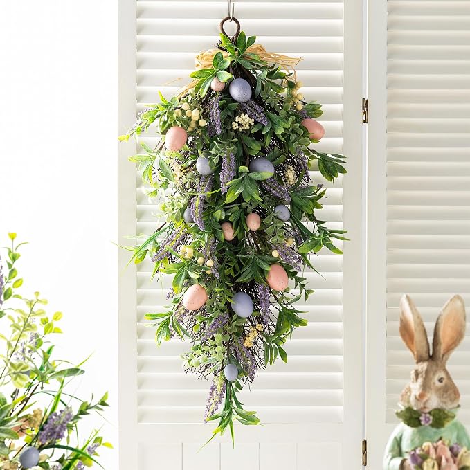 Glitzhome Easter Swag 28 Inch Artificial Spring Teardrop Wreath for Front Door & Porch Wall, Spring Easter Decor Decorative Swag