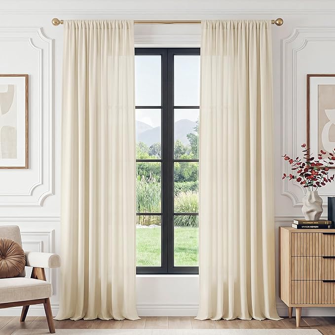 FMFUNCTEX Sheer Non-See-Through Butter Cream Curtains 108 inches Long - Image 2
