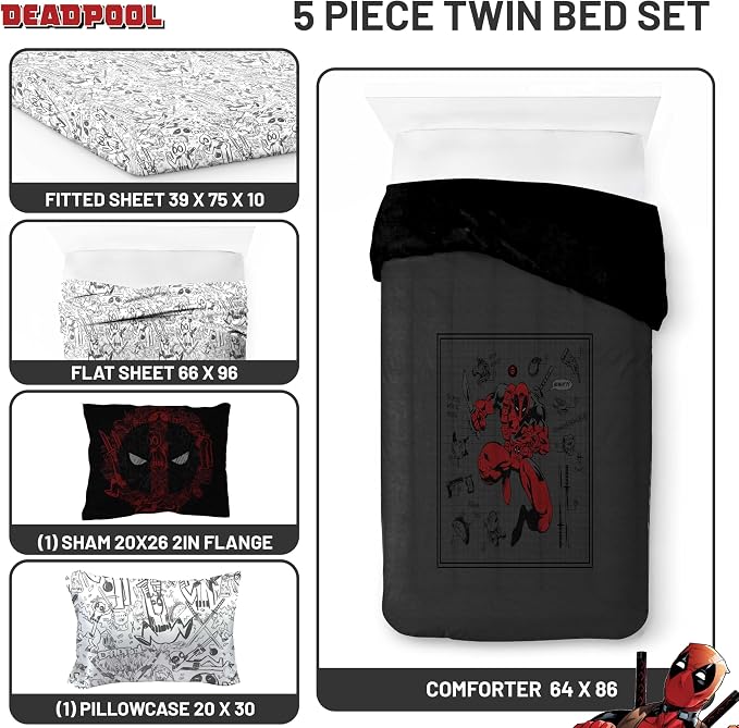 Marvel Deadpool Twin Comforter Set 5 Piece Soft Bedding for Boys, Gray | Bed in a Bag, Comforter Sheets Sham Pillowcase, Official Product, Soft Microfiber, Machine Washable, Boys Gift