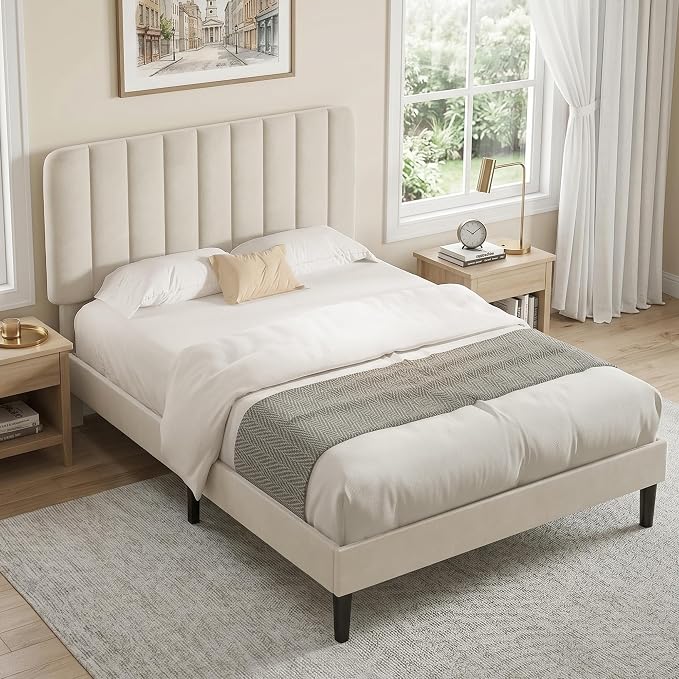 VECELO Queen Size Bed Frame with Upholstered Headboard, Velvet Platform Bedframe Mattress Foundation, Strong Wood Slat Support, No Box Spring Needed,Bone Beige