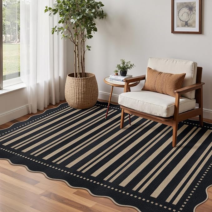 Striped Easy Jute 4x6 Outdoor Patio Rug, Washable Indoor Outdoor Black Kitchen Rugs Farmhouse Neutral Non Slip Area Rug for Living Room Backyard Bedroom