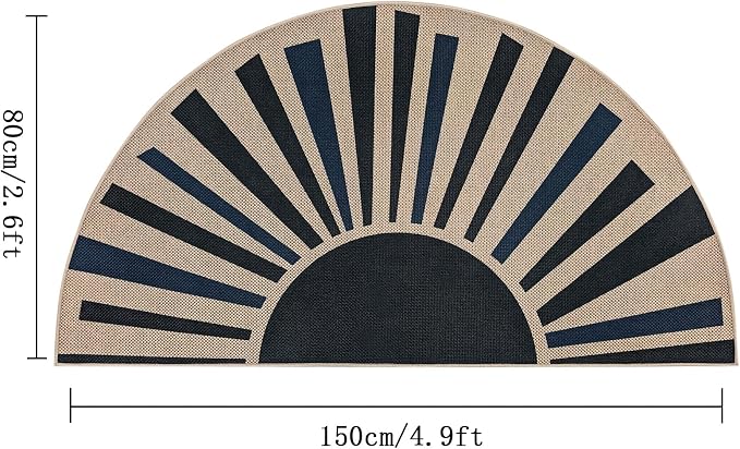 Easy Jute Sun Rug 2.6x5Ft Half Circle Sunshine Doormat Neutral Faux Jute Indoor Outdoor Carpet for Farmhouse Bedroom Entrance Balcony Kitchen Laundry Room, Nonslip, Half Round, Black/Blue 4