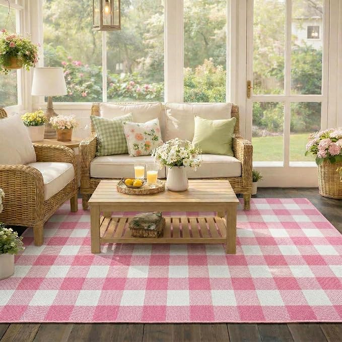 Buffalo Plaid Area Rug, Checkered Rug 3x5 Ft, Pink and White Rug, Washable Cotton Mat for Front Porch, Entryway, Kitchen, Living Room, Home Decor