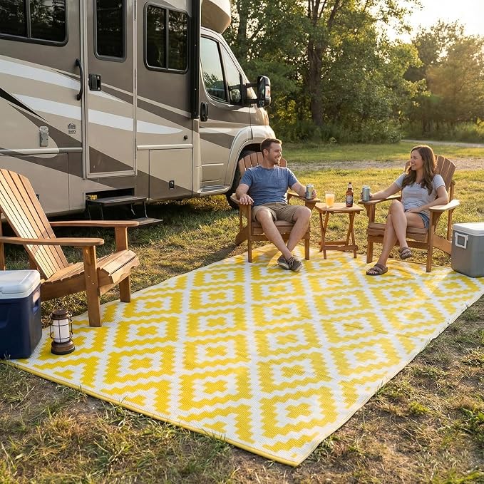 FH Home Outdoor Camping Rug - Waterproof, Fade Resistant, Reversible - Premium Recycled Plastic - Geometric - Large Patio, Deck, Sunroom, RV - Aztec - Yellow & White - 9 x 12 ft Foldable