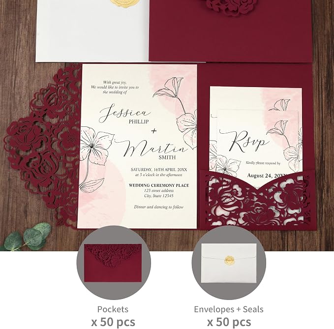 DORIS HOME Laser Cut Wedding Invitation Pockets, Burgundy, 5"x7" | 50pcs, With Envelopes, For Wedding & Anniversary, No Inserts Included