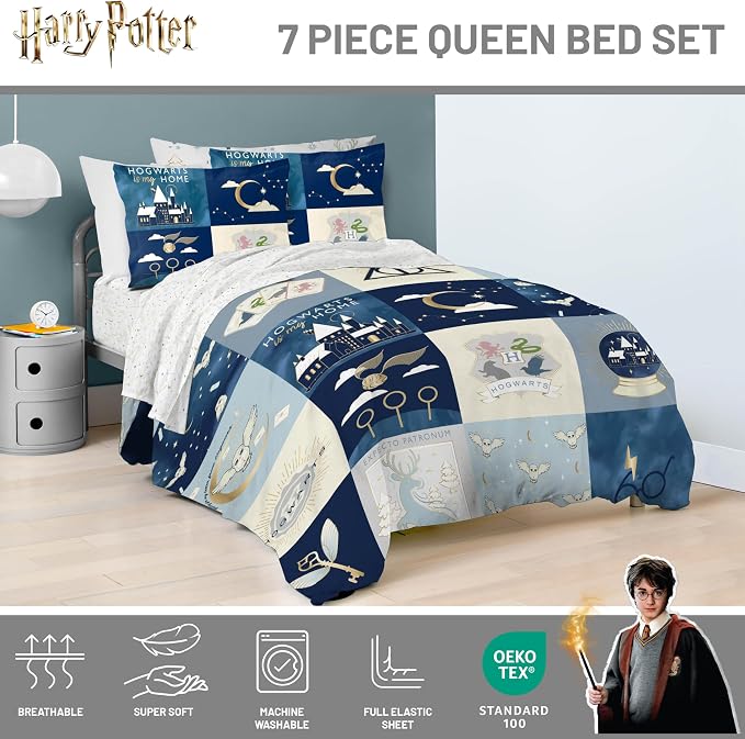 Harry Potter Queen Comforter Set 7 Piece Soft Hogwarts Bedding, Multi | Fantasy, Bed in a Bag, Comforter Sheets Shams Pillowcases, Official Product, Soft Microfiber, Machine Washable, Kids Gift