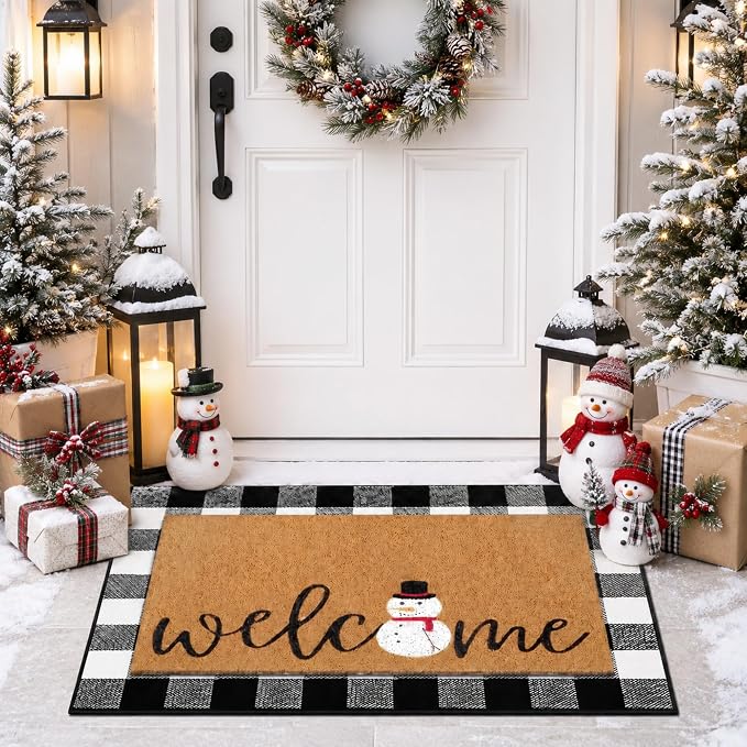 Tinideya 2 Pcs Winter Door Mat Snowman Welcome Non Slip Coir Mats Snow Black White Buffalo Plaid Floor Layering Doormats Seasonal for Front Porch Entryway Decor(Snowman)