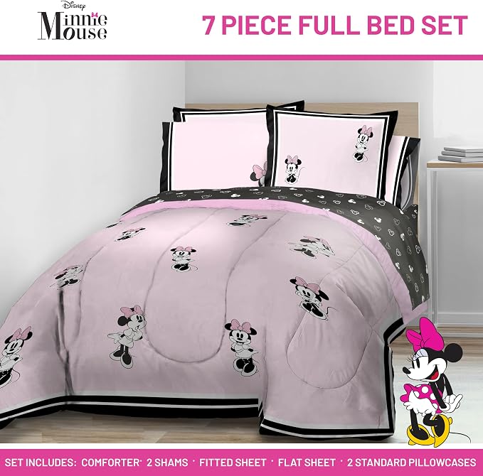 Jay Franco Kids Comforter Set Includes Sheets and Pillow Covers - Soft and Cozy Bed Set for Stylish Room Decor, Official Licensed Bedding, Multi - Minnie Mouse, 7 Piece Full