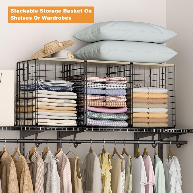 3-Pack Taller Closet Organizers and Storage with Wood Top, Stackable Wire Storage Bins for Clothes, Bags, Towels, Double Storage Design, Sturdy Metal Cube Shelf Organizer for Closet Wardrobe, Black