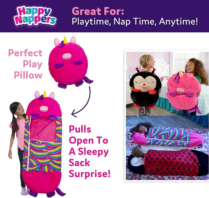 Happy Nappers 2-in-1 Pillow & Sleepy Sack Pink Unicorn, 54x20 Medium | Plush animal opens into a cozy sleeping bag for kids ages 3 and up. Machine washable, soft play pillow for napping at home