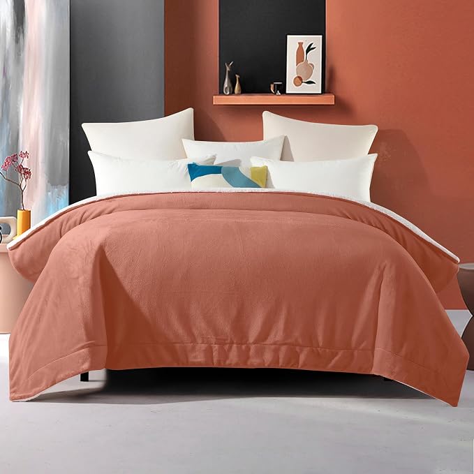 Elegant Comfort Ultra Soft Reversible Flannel Sherpa Blanket - Cozy Silky Fleece Throw for Couch, Bed - Plush Fuzzy Warm Winter Blanket for Gift, Twin, Coral