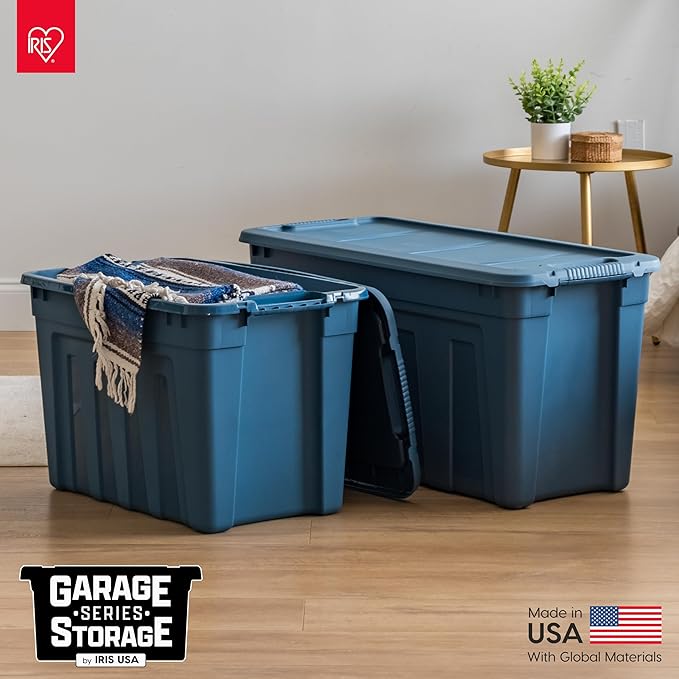 IRIS USA 4-Pack 20 Gal Heavy Duty Storage Totes with Lids, Navy | Heavy-duty design with easy-grip handles for comfortable carrying, Great for tools, garage organization, camping gear