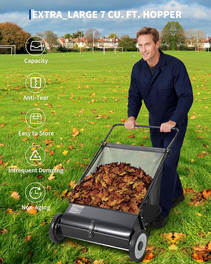 26 in Push Lawn Sweeper,4 Spinning Brushes, 7 Cu. Ft. Large Capacity Collection Bag,Adjustable Height, Durable Steel Frame with Rubber Wheels, for Grass, Leaves & Debris Collector on All Terrains