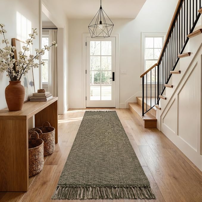 Collive Moss Green Kitchen Runner Rug, Modern Farmhouse Hallway Runner Rug Boho Washable Bathroom Rugs, 2.6' x 8' Braided Entry Hall Carpet for Laundry Bedroom Decor