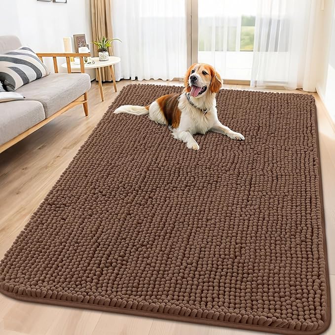 Smiry Dog Door Mat for Muddy Paws 71x46, Absorbent Dirt Trapper, Non-Slip Washable Chenille Entryway Rug for Inside Floor, Mocha, Classic Solid