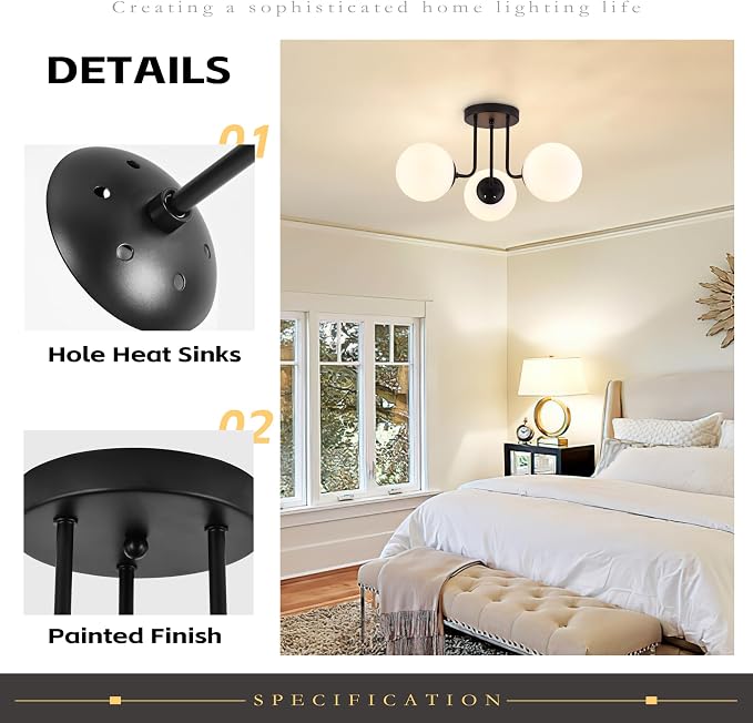 KoKo&Yukina 3-Light Semi Flush Mount Ceiling Light Globe Lights Mid Century Ceiling Light with Opal Milk Glass Globe & Matte Black for Bedroom Hallway Entryway Kitchen Living Room (Bulb Incl.)