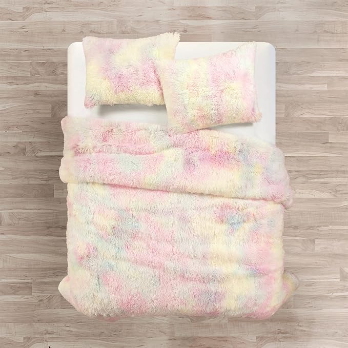 Lush Decor Emma Cozy Ultra Soft Rainbow Faux Fur Comforter 3 Piece Set Full/Queen Rainbow - Cute Bedding Set Queen Comforter - Kids Bedroom Decor