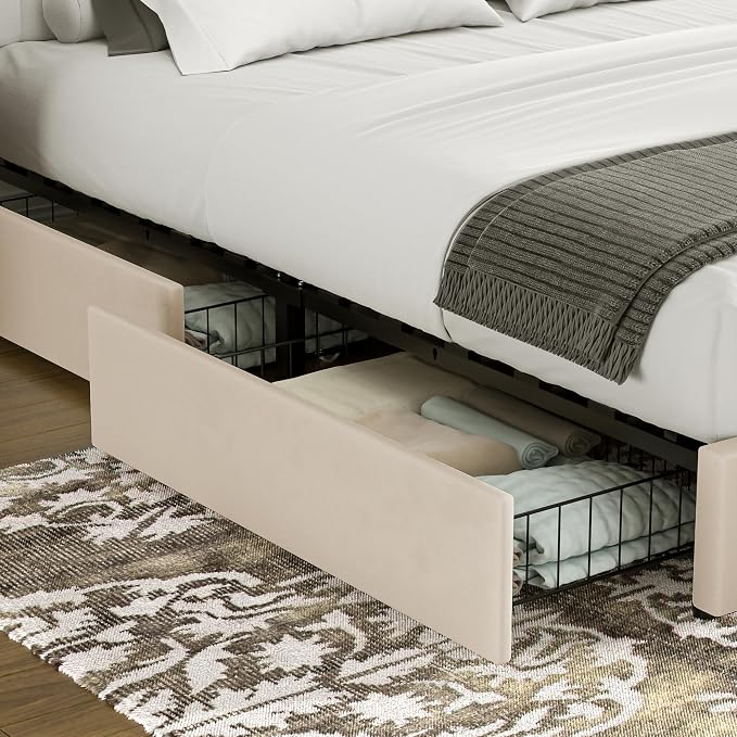 VECELO King Size Upholstered Bed Frame with 4 Drawers and Headboard, Velvet Platform Storage Bedframe, Wooden Slats Support, No Box Spring Needed,Bone Beige