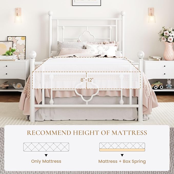 SHA CERLIN 14 Inches Twin Size Metal Platform Bed Frame/Vintage Iron-Art Headboard and Footboard/Mattress Foundation for Storage/No Box Spring Needed/Noise-Free/Easy Assembly/White
