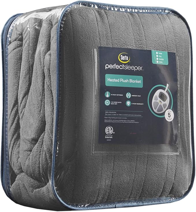 Serta Heated Blanket - Reversible Fleece to Sherpa Electric Blanket, Fast Heating, Auto Shut Off Timer, Multi Heat Setting, ETL Certified, Machine Washable, Grey Full 84"x 77"