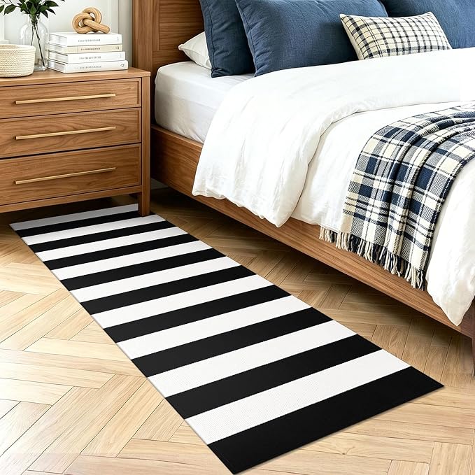 KOZYFLY Black White Striped Runner Rug 2x6 ft Woven Washable Hallway Runner Cotton Farmhouse Kitchen Rug for Entryway Porch Patio Laundry Room