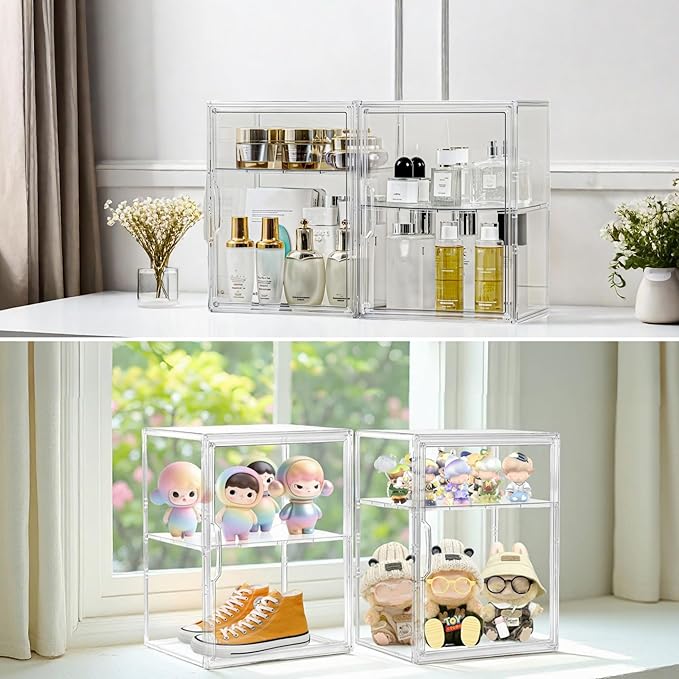 Attelite Acrylic Display Case for Collectibles 3 Adjustable Layers 2Pack | Easy Assembly, Clear Display for Figures,2 Tier Clear Storage Bin, Stackable Acrylic Box, Magnetic Door,Dustproof
