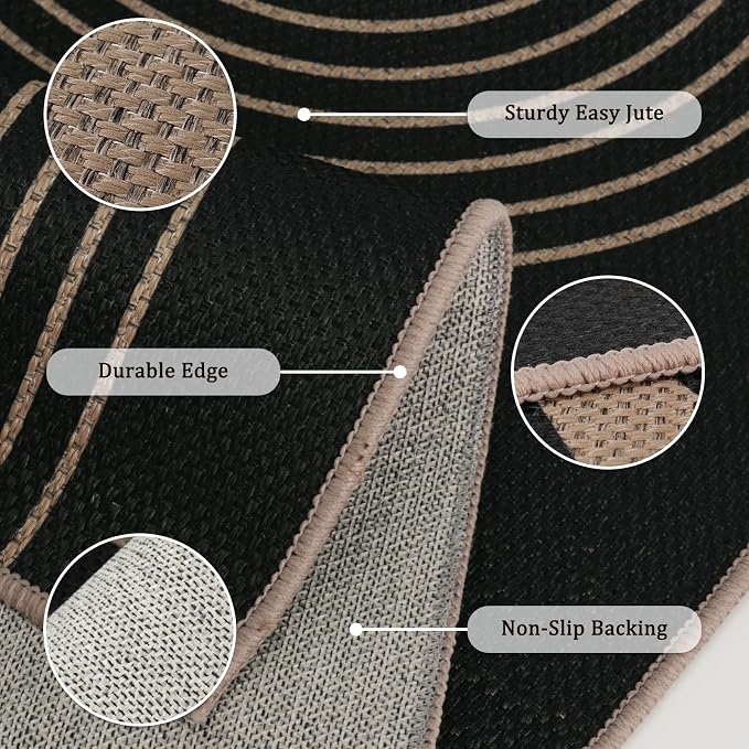 Easy Jute 3x5 Black Rainbow Area Rug,Washable Entryway Rug, Modern Door Carpet,Neutral Non-Slip Outdoor Indoor Farmhouse Rug for Living Room Kitchen Patio Bedroom