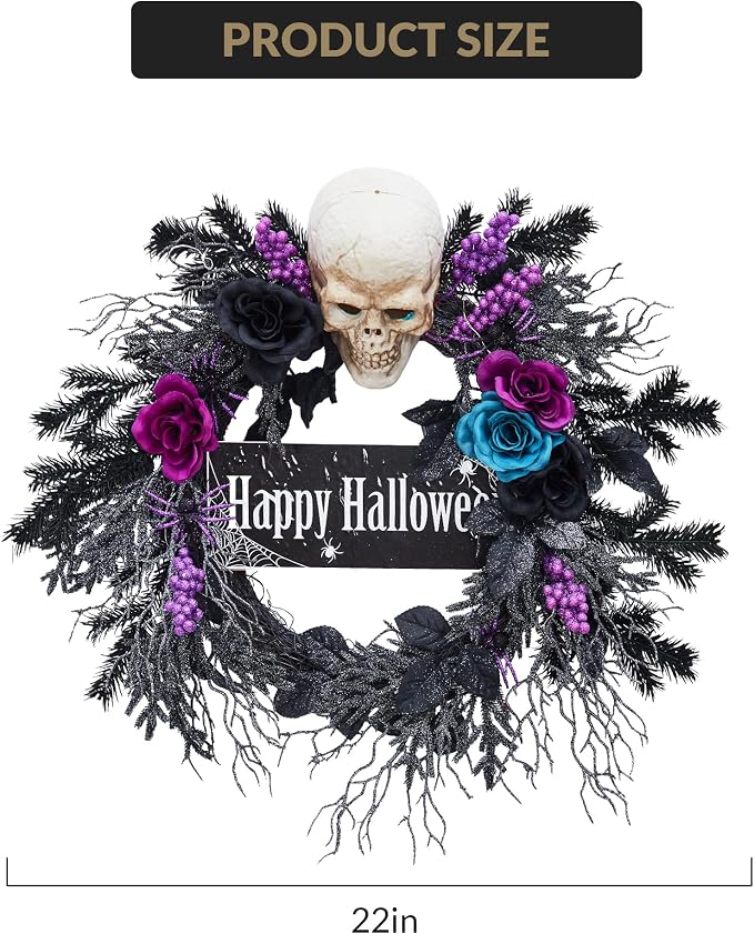 GarveeHome 22 in Halloween Wreath, with Black, Blue and Purple Flowers, Artificial Halloween Spooky Wreath with 20 Led Lights for Front Door, Porch, and Entryway