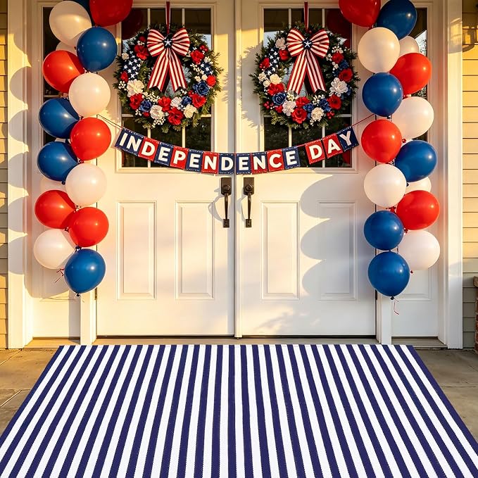 CAINANEL Blue and White Striped Rug 4th of July Door Mat 3' x 5' Summer Front Porch Rug Independence Day Welcome Doormats for Farmhouse Entrance Porch Outdoors Decor(Blue and White, 3' x 5')