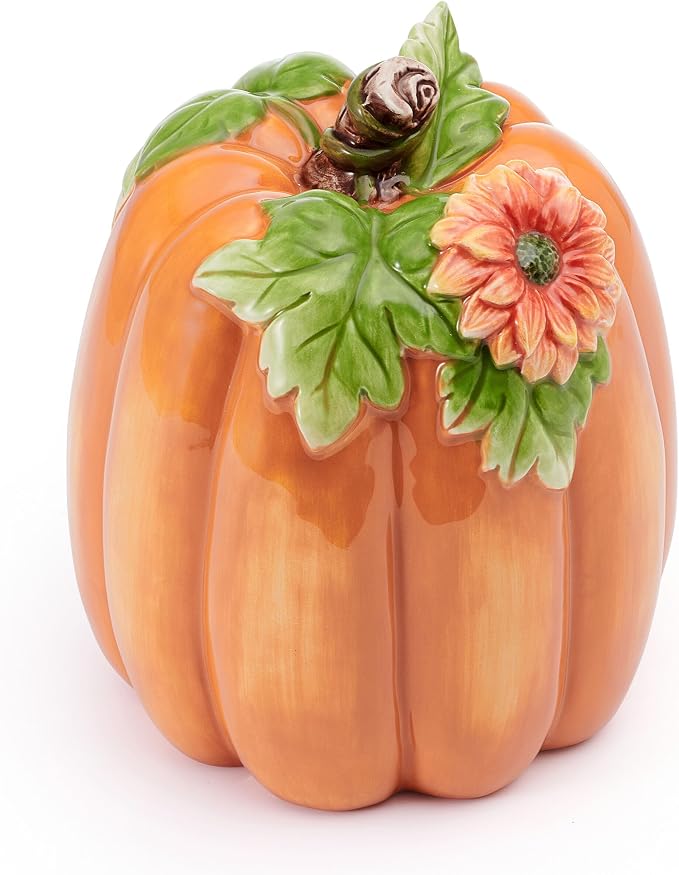 Fitz and Floyd Harvest Halloween Tall Flower Pumpkin Ceramic Figurine, 7 inch