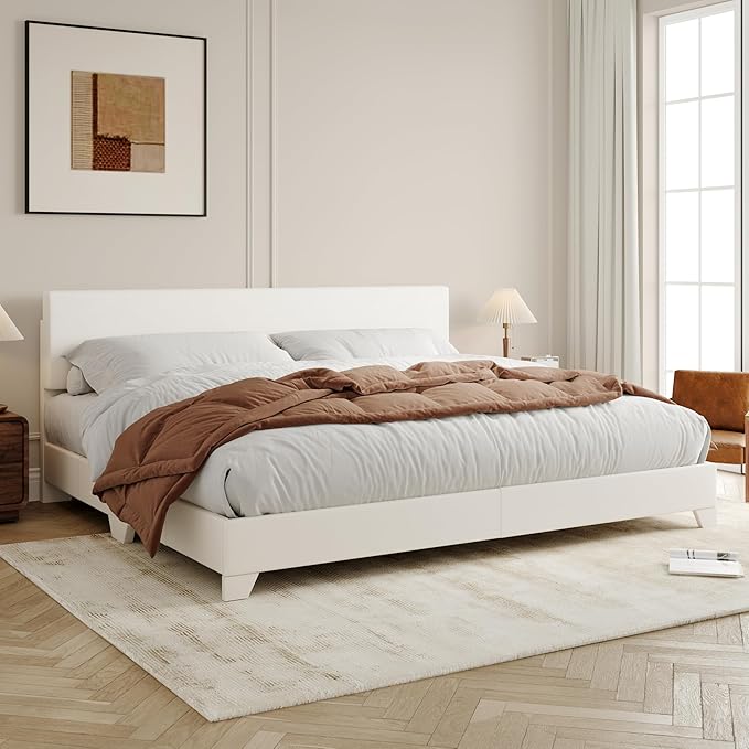 Allewie King Size Upholstered Bed Frame Adjustable Headboard, White | Platform Bed with Heavy Duty Mattress Foundation, Noise-Free, Easy Assembly, Wood Slat Support, No Box Spring Needed