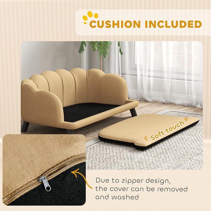 PawHut Velvet Large Dog Couch with Foam Cushion, Soft and Cute Dog Bed with Pearl Design, Pet Sofa for Big and Medium Breeds, Coffee