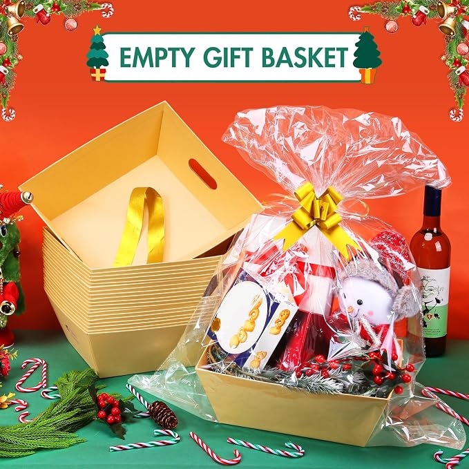 AFOROEOA 20PACK Baskets for Gifts Empty, 10x12”Thick Kraft Gift Basket with 20 Bows 20 Bags Empty Gift Baskets for Christmas, Valentine’s Day, Easter, Birthdays, Snacks, Farmers Market