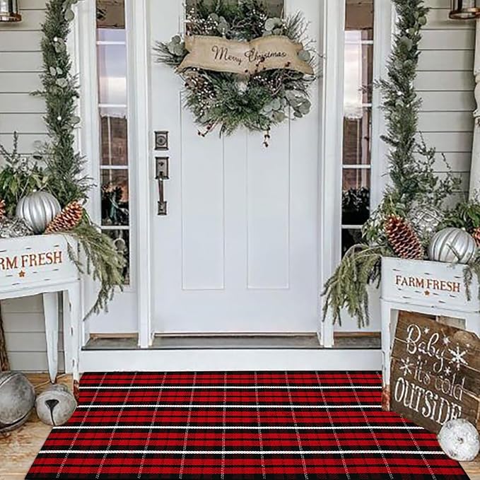Bottalive Christmas Plaid Outdoor Rug, 2' x 4'3'' Red & Black Check Indoor/Outdoor Area Rug, Layering Rug for Hello/Welcome Door Mat, Machine Washable Cotton Woven Farmhouse Mat for Front Porch Décor