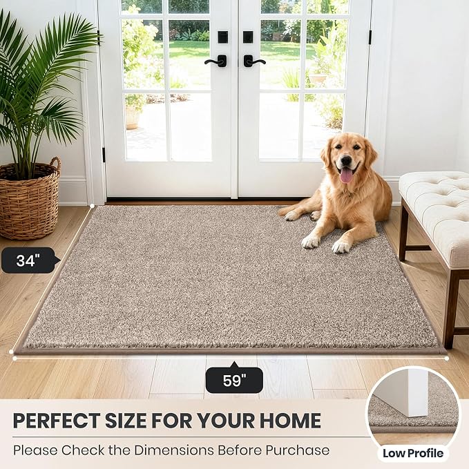 PURRUGS Dirt Trapping Door Mat 34" x 59", Non-Slip Machine Washable Entryway Rug, Dog Doormat, Indoor Front Door Mat, Super Absorbent Entry Rug for Muddy Shoes & Paws, Taupe