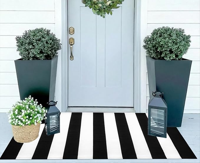 Striped Outdoor Rug 24"x51",Cotton Woven Washable Black and White Front Door Mat Farmhouse Layered Door Mats Throw Rugs for Porch/Bedroom/Home Entrance Decor