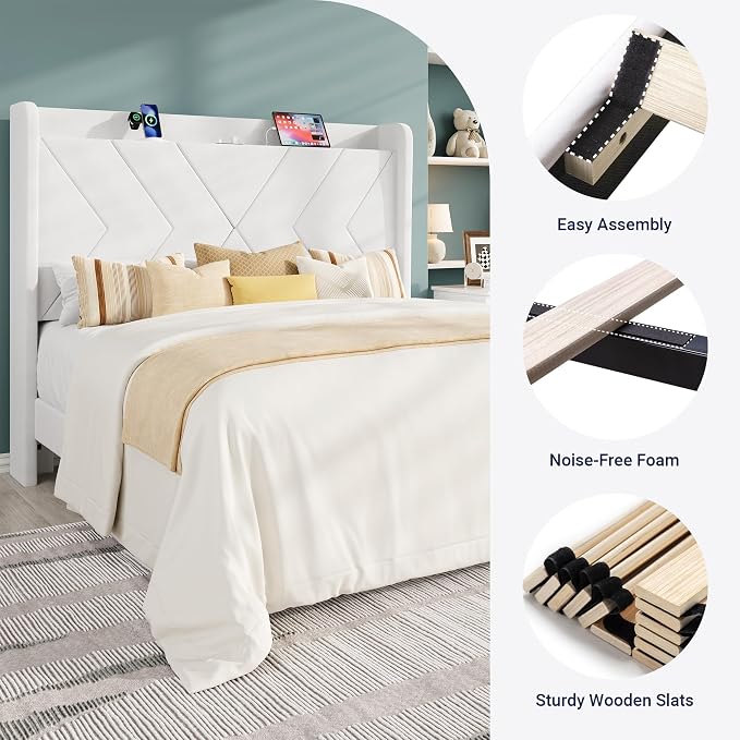 Allewie Queen Size Platform Bed Frame with Charging Station and Storage Shelf/Upholstered Velvet Wingback Headboard/Wooden Slats Support/No Box Spring Needed/Easy Assembly, White