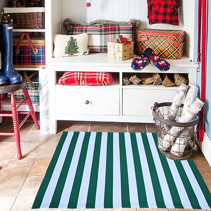 Green & White Striped Rug, 2'4" x 3'7" Indoor/Outdoor Area Rug for Front Porch, Entryway, Machine Washable Cotton Woven Welcome Door Mat