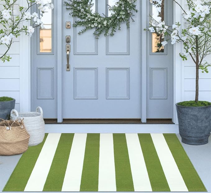 Green and White Layered Doormat 2.3'x3.6,Machine Washable Porch Rug Cotton Woven Striped Farmhouse Small Area Rug for Porch/Home Entrace Decor/Bedroom/Layered Door Mats