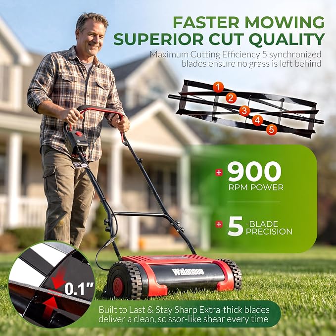 Walensee 16-Inch Cordless Electric Reel Lawn Mower with 2 Batteries | 380W motor at 22500 RPM, 5-blade reel at 900 RPM and 4 cutting heights from 0.67 to 1.77 inches for small yards