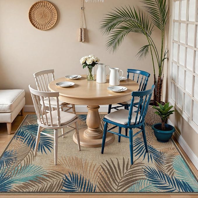 LIVEBOX Modern Easy Jute 5x7 Outdoor Rug, Washable Area Rugs for Living Room Patio Tropical Leaf Indoor Outdoor Rug, Boho Farmhouse Non Slip Carpet for Backyard Foyer Dining Room(Olive, 5'x7')