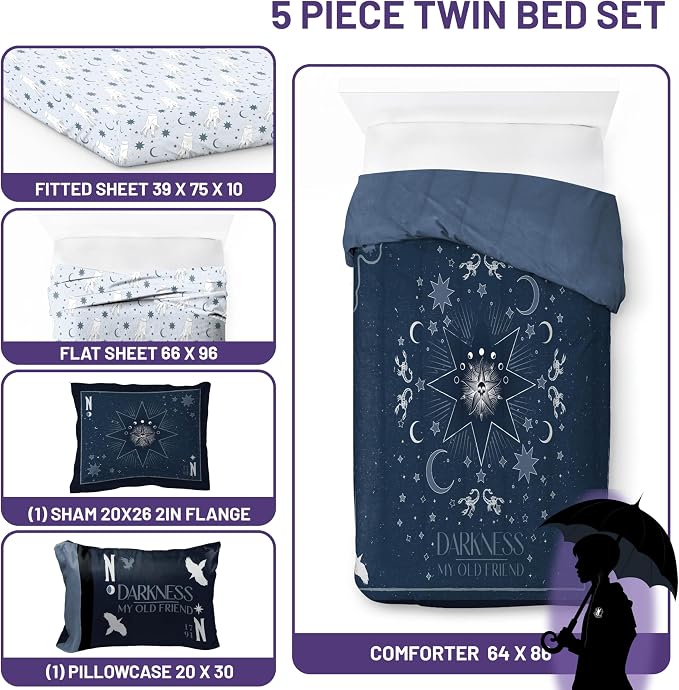 Wednesday Addams Twin Comforter Set 5 Piece Bedding for Girls, Blue | Bed in a Bag, Comforter Sheets Sham Pillowcase, Official Product, Soft Microfiber, Machine Washable, Girls Gift