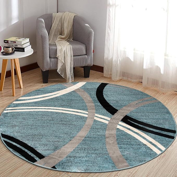 Rugshop Wavy Circles Playroom Modern Jute Backing Round Rug Blue 6'6" | Round, Size 6'6", Living Room, Bedroom, Dining Room, Home Office, Kitchen, Entryway, Hallway, Nursery, Kids Room, Guest Room