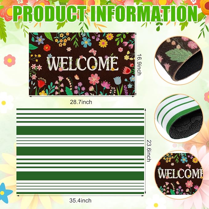 Tinideya 2 Pcs Door Mat Welcome Non Slip Coir Mats Floor Layering Doormats Seasonal for Front Porch Entryway Decor(Colorful Flowers)