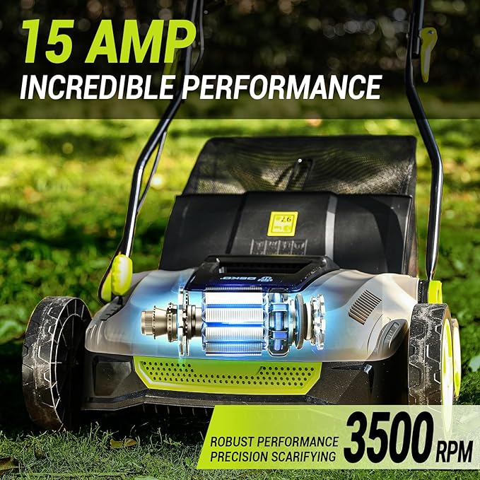 Electric Lawn Dethatcher Scarifier 15 Amp: DEKOPRO 15-inch Lawn Dethatcher and Aerator with 5-Position Depth Adjustment, 40L Collection Bag, 2-in-1 Corded Scarifier for Yard, Spring & Fall Lawn Care