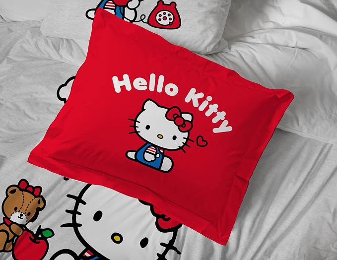 Sanrio Hello Kitty Twin Comforter Set 5 Piece Bedding for Girls, Grey | Bed in a Bag, Comforter Sheets Sham Pillowcase, Official Product, Soft Microfiber, Machine Washable, Easy Care, Girls Gift