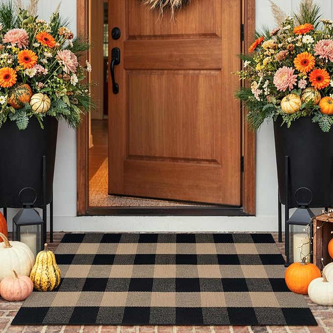 KIMODE Front Door Mat 27.5"x43",Black and Tan Checkered Outdoor Rug,Farmhouse Fall Front Porch Rug Decor,Cotton Woven Washable Layered Doormats for Front Door Outside Entrance