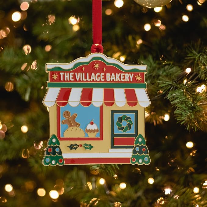Wallace 2025 Gold-Plated Enamel Christmas Village Bakery Ornament - 2nd Edition Annual Collectible Series - 24K Gold Back, Dated, Gift Box and Velvet Pouch Included